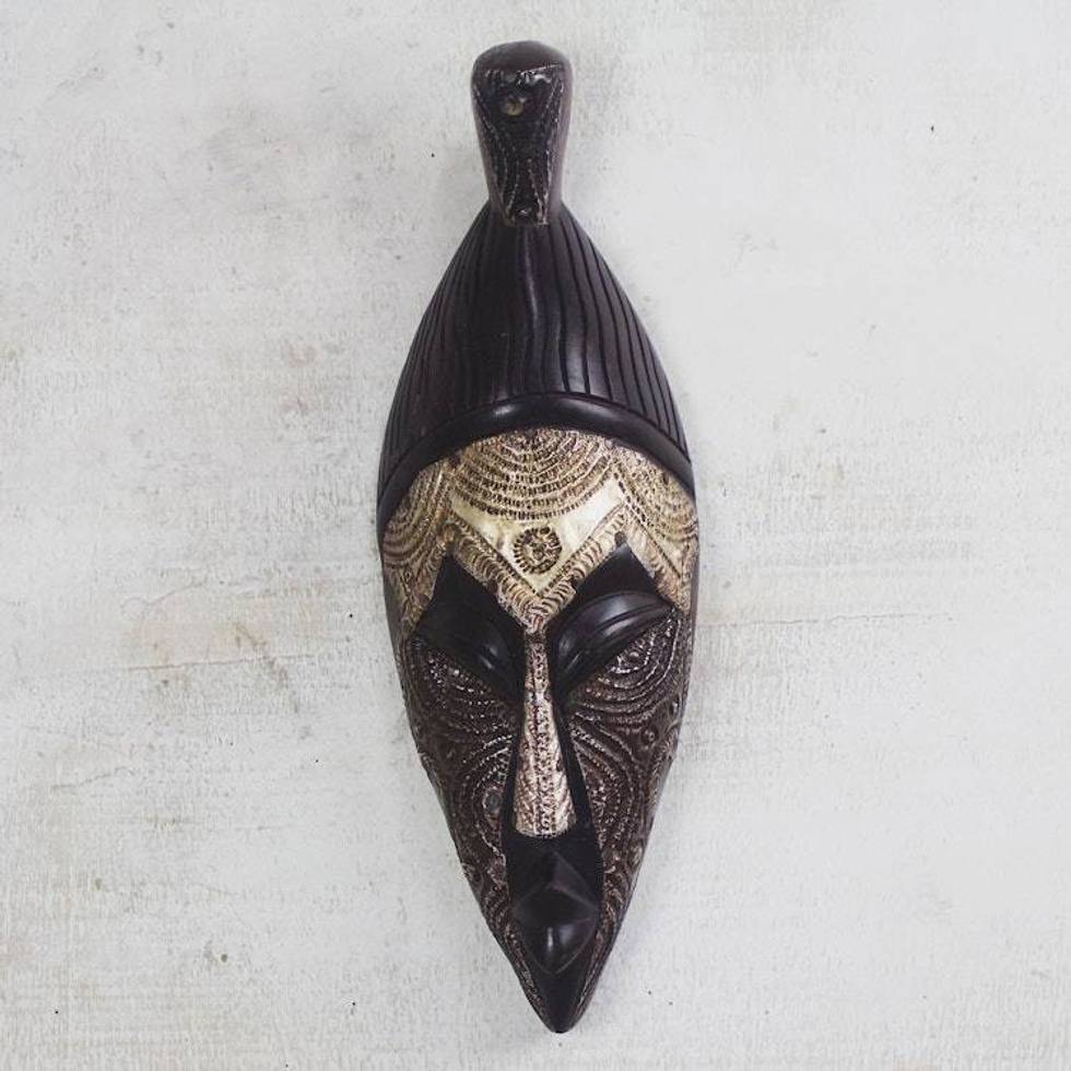 Handmade Sese Wood and Aluminum African Mask from Ghana 'African Elder'