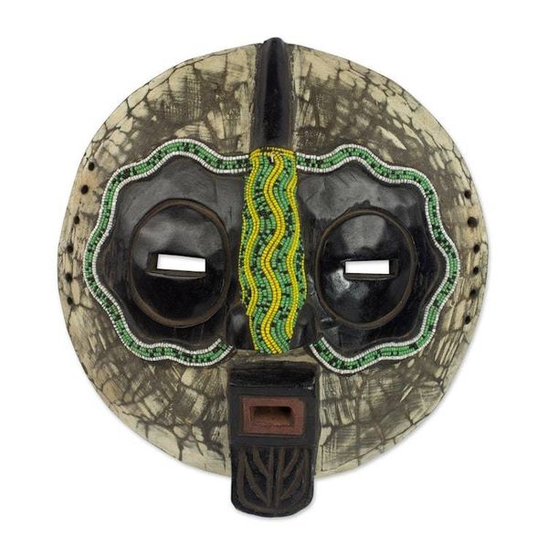 Alternate image for Sese Wood and Recycled Glass Bead African Mask from Ghana Ntiase Understanding