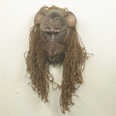 Alternate image for Unique Hand Carved Wood and Jute African Monkey Mask Baule Gbekre II