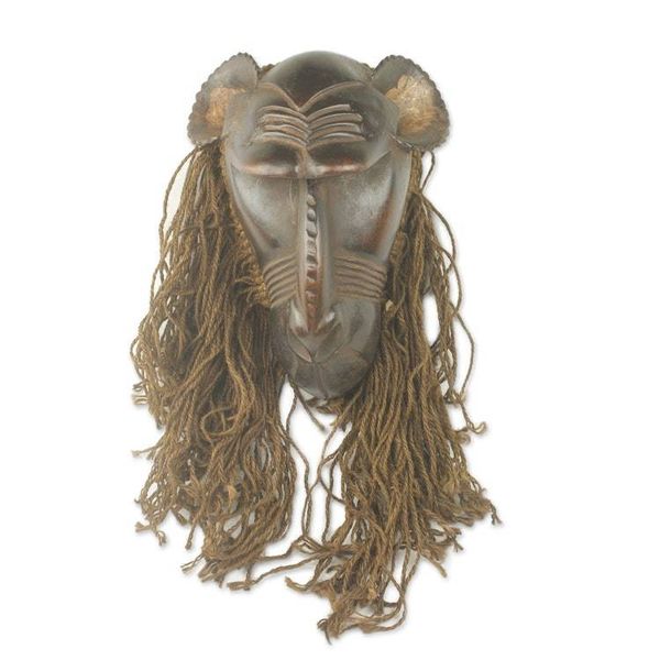 Alternate image for Unique Hand Carved Wood and Jute African Monkey Mask Baule Gbekre II