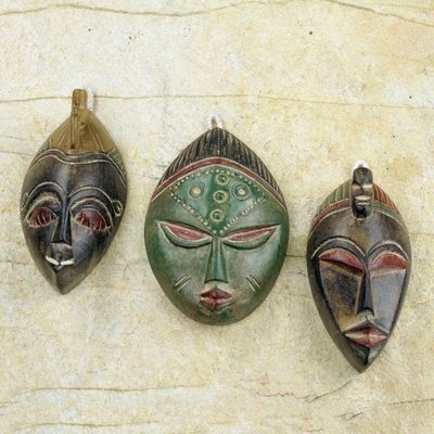 Alternate image for Set of Three Sese Wood African Masks Handmade in Ghana Messengers of Justice