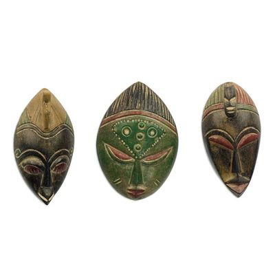 Alternate image for Set of Three Sese Wood African Masks Handmade in Ghana Messengers of Justice