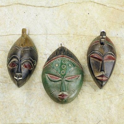 Alternate image for Set of Three Sese Wood African Masks Handmade in Ghana Messengers of Justice