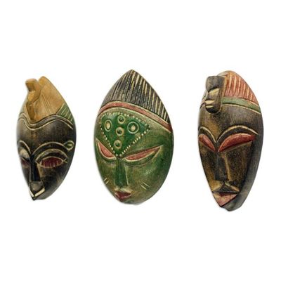 Alternate image for Set of Three Sese Wood African Masks Handmade in Ghana Messengers of Justice