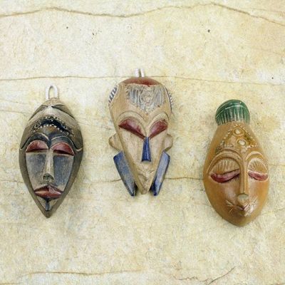 Alternate image for Set of 3 Sese Wood African Masks Handcrafted in Ghana Wisdom and Happiness