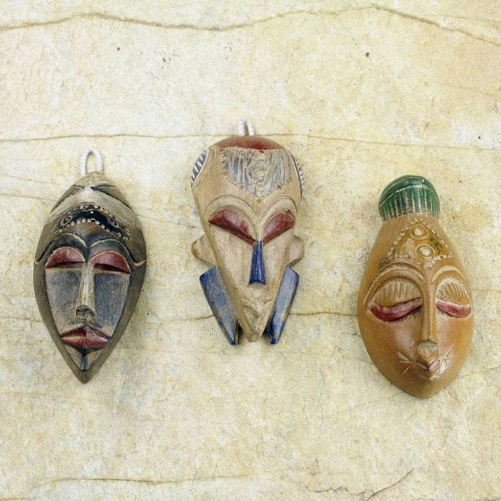 Set of 3 Sese Wood African Masks Handcrafted in Ghana 'Wisdom and Happiness'