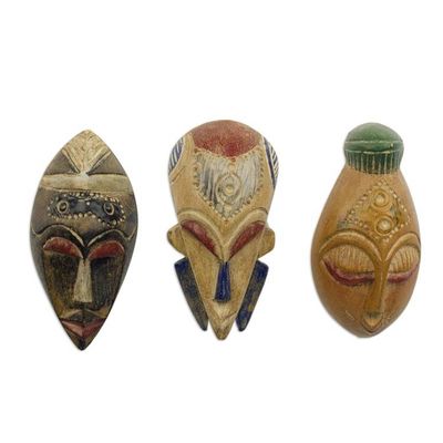 Alternate image for Set of 3 Sese Wood African Masks Handcrafted in Ghana Wisdom and Happiness