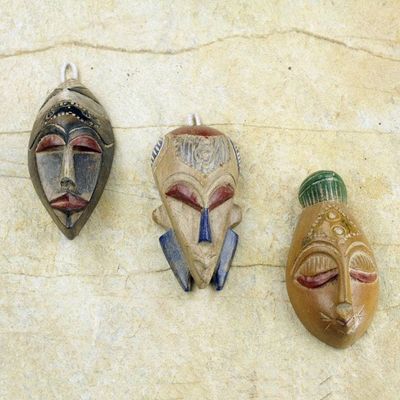 Alternate image for Set of 3 Sese Wood African Masks Handcrafted in Ghana Wisdom and Happiness