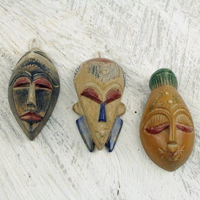 Alternate image for Set of 3 Sese Wood African Masks Handcrafted in Ghana Wisdom and Happiness