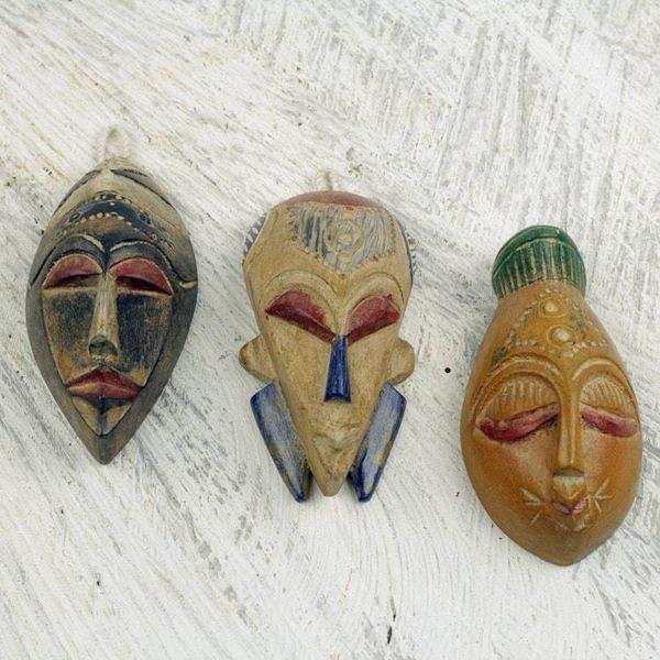 Alternate image for Set of 3 Sese Wood African Masks Handcrafted in Ghana Wisdom and Happiness