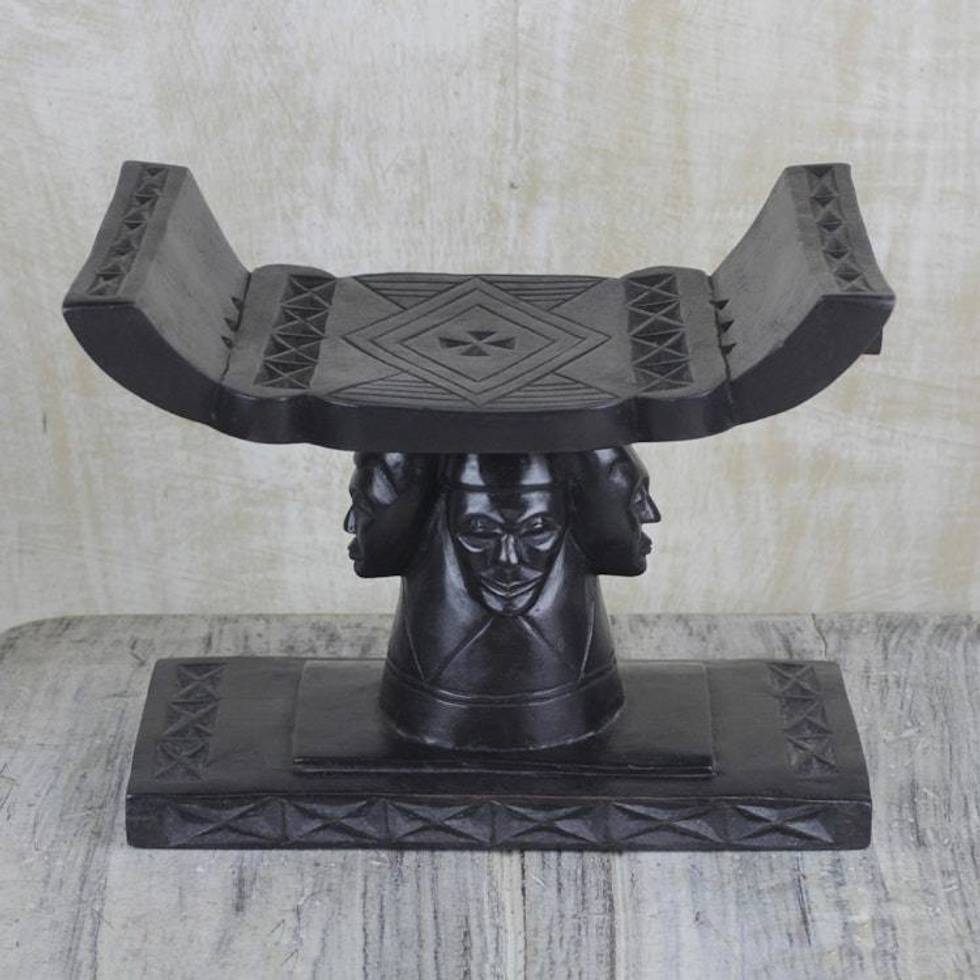 Artisan Crafted Wood Throne Ottoman 'Four Faces'