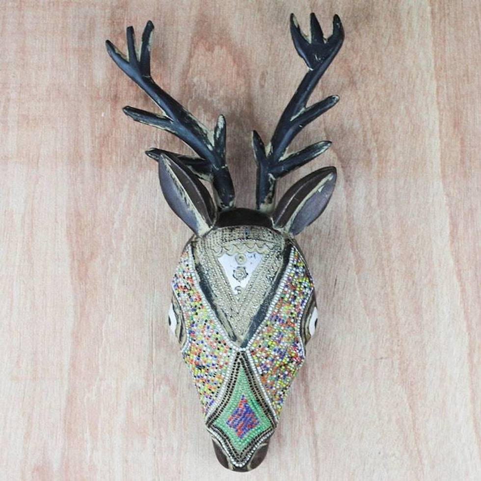 Sese Wood Beaded Antelope Mask Hand Carved in Ghana 'Spiritual Antelope'