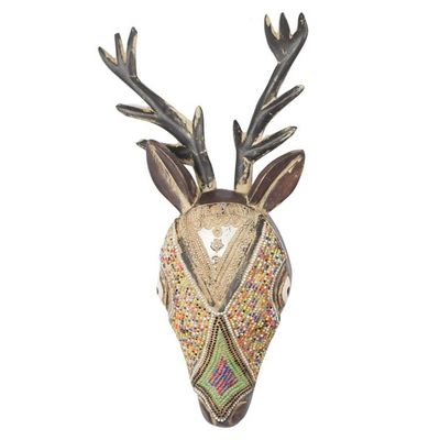 Alternate image for Sese Wood Beaded Antelope Mask Hand Carved in Ghana Spiritual Antelope