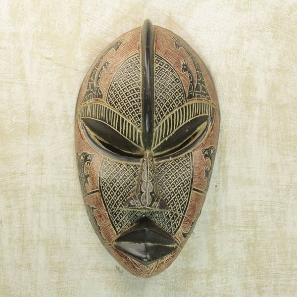 Alternate image for Red and Black Hand Carved Rubberwood Mask with Animals Adetokunbo