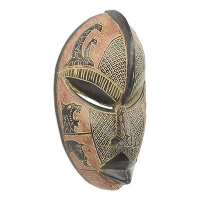 Alternate image for Red and Black Hand Carved Rubberwood Mask with Animals Adetokunbo