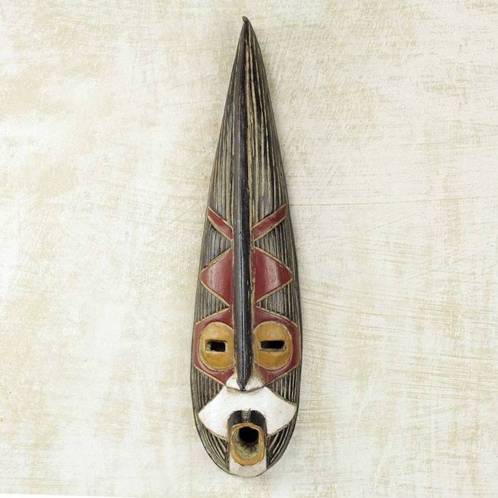 Brown and Black Long African Wall Mask from Ghana 'Helper King'