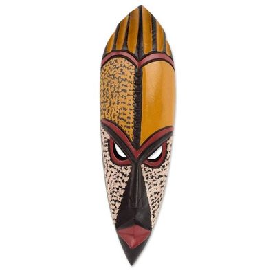 Alternate image for Orange and Beige Hand Crafted Sese Wood African Wall Mask Brave Heart