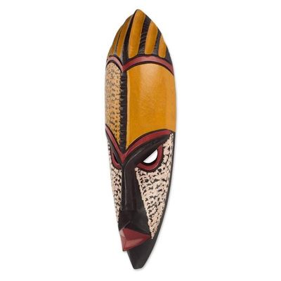 Alternate image for Orange and Beige Hand Crafted Sese Wood African Wall Mask Brave Heart