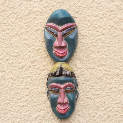 Alternate image for Twin-Themed African Sese Wood Mask from Ghana Green Twins