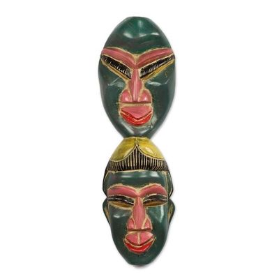 Alternate image for Twin-Themed African Sese Wood Mask from Ghana Green Twins