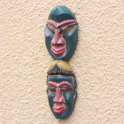 Alternate image for Twin-Themed African Sese Wood Mask from Ghana Green Twins