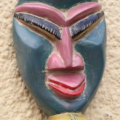 Alternate image for Twin-Themed African Sese Wood Mask from Ghana Green Twins