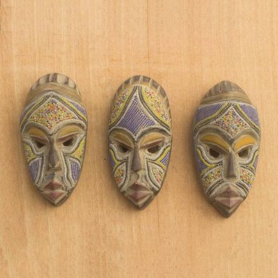 Alternate image for Artisan Crafted Small Wood Masks with Glass Beads Set of 3 Wise Counsel