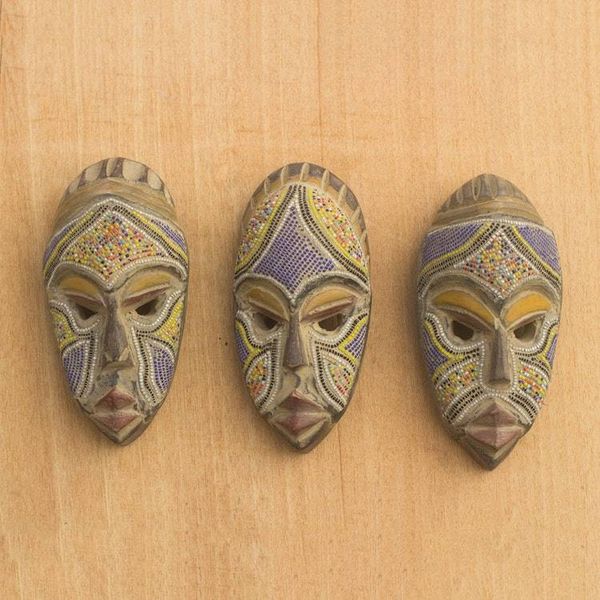 Alternate image for Artisan Crafted Small Wood Masks with Glass Beads Set of 3 Wise Counsel