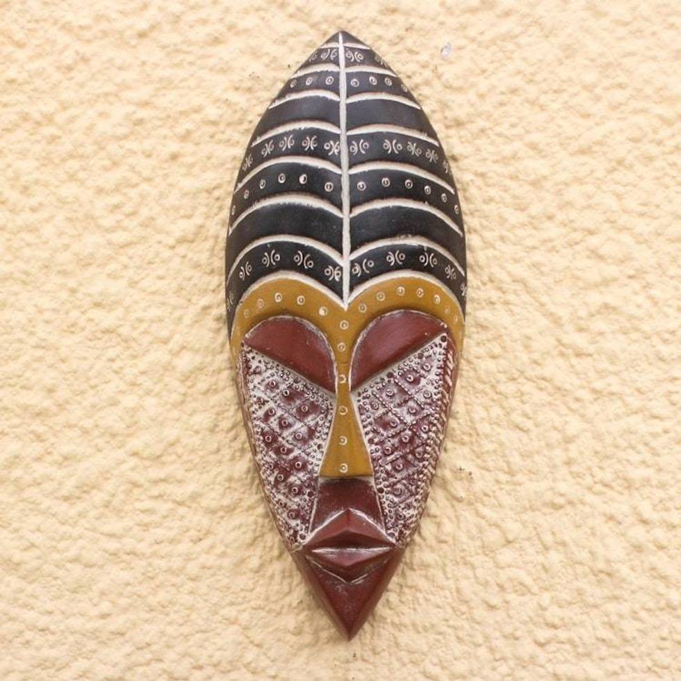 Black and Red African Wood Mask with Embossed Aluminum 'Royal Texture'