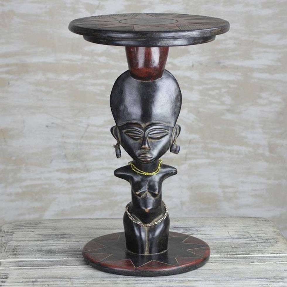 Cedar Wood Accent Table with Recycled Glass Beads from Ghana 'Feminine Figure'
