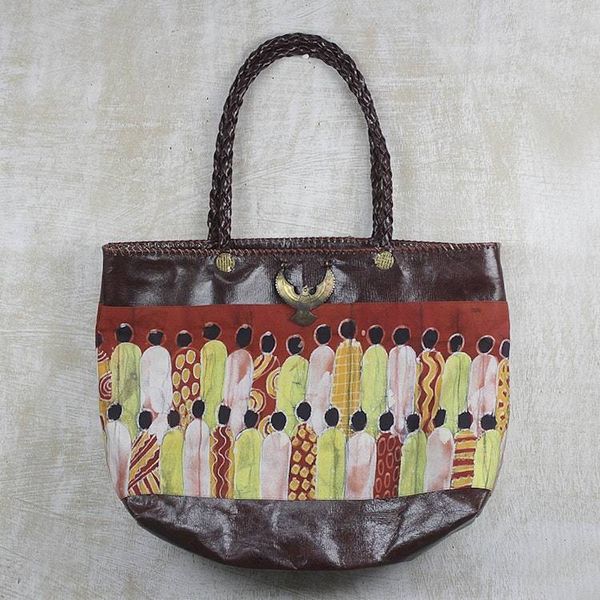 Alternate image for Handcrafted Batik Cotton Accent Leather Tote from Ghana Gather Together