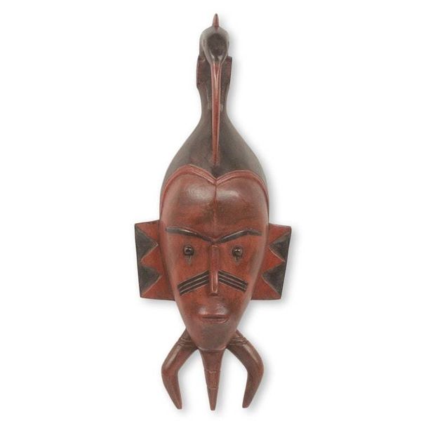 Alternate image for Original African Mask Hand Carved Wood with Bird Xevi I