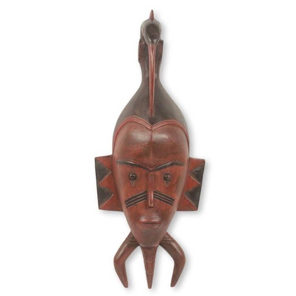 Original African Mask Hand Carved Wood with Bird 'Xevi I'