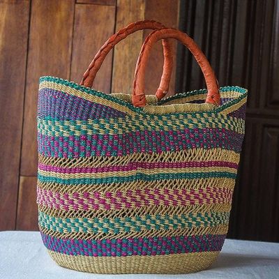 Alternate image for African Woven Raffia Basket Tote Bag Bawku Beauty