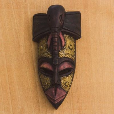 Alternate image for Elephant Themed Wood and Brass Repousse Mask The Elephant is my Friend