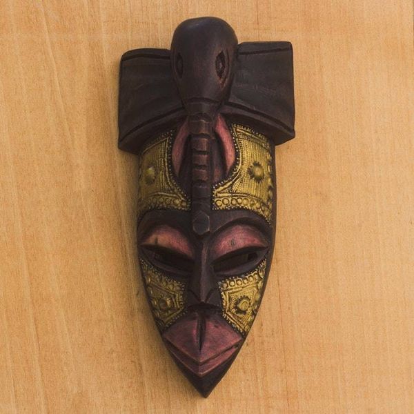 Alternate image for Elephant Themed Wood and Brass Repousse Mask The Elephant is my Friend