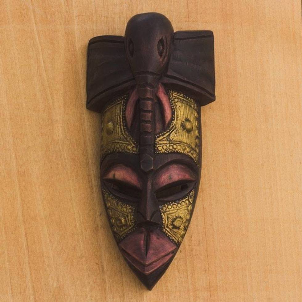 Elephant Themed Wood and Brass Repousse Mask 'The Elephant is my Friend'