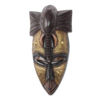 Alternate image for Elephant Themed Wood and Brass Repousse Mask The Elephant is my Friend