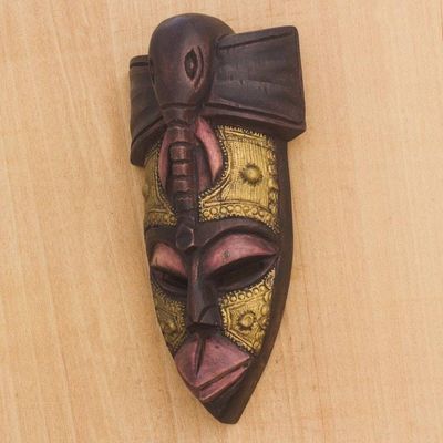Alternate image for Elephant Themed Wood and Brass Repousse Mask The Elephant is my Friend