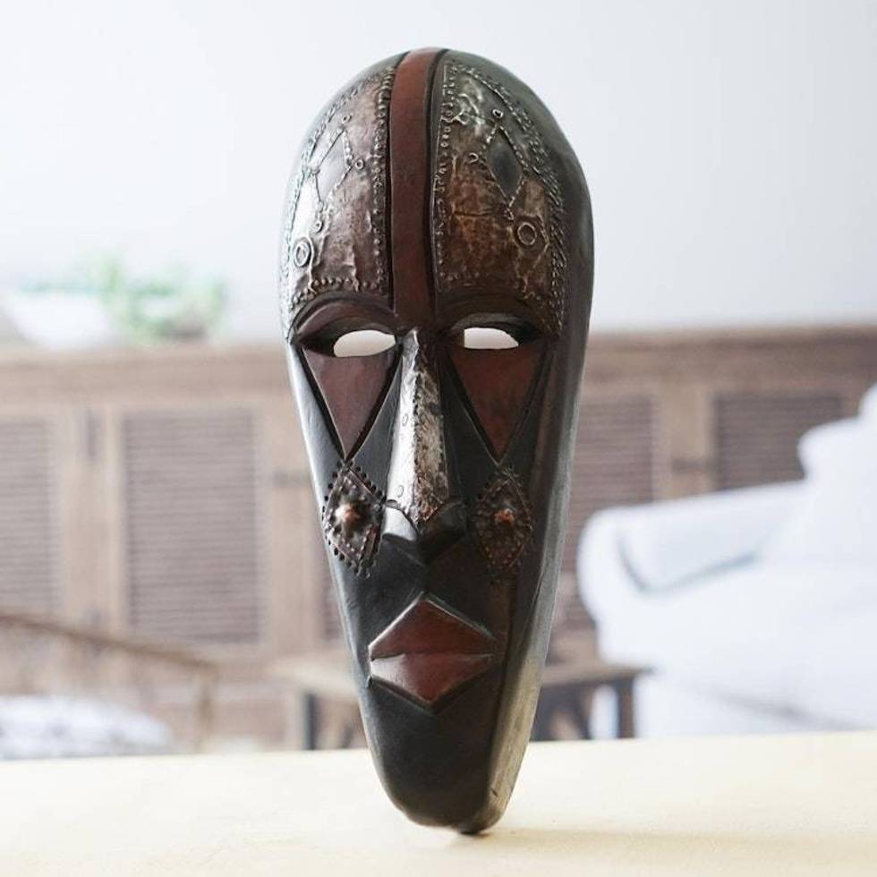 Wood and Aluminum Mask Carved and Painted by Hand in Ghana 'Megyifo Tiase'