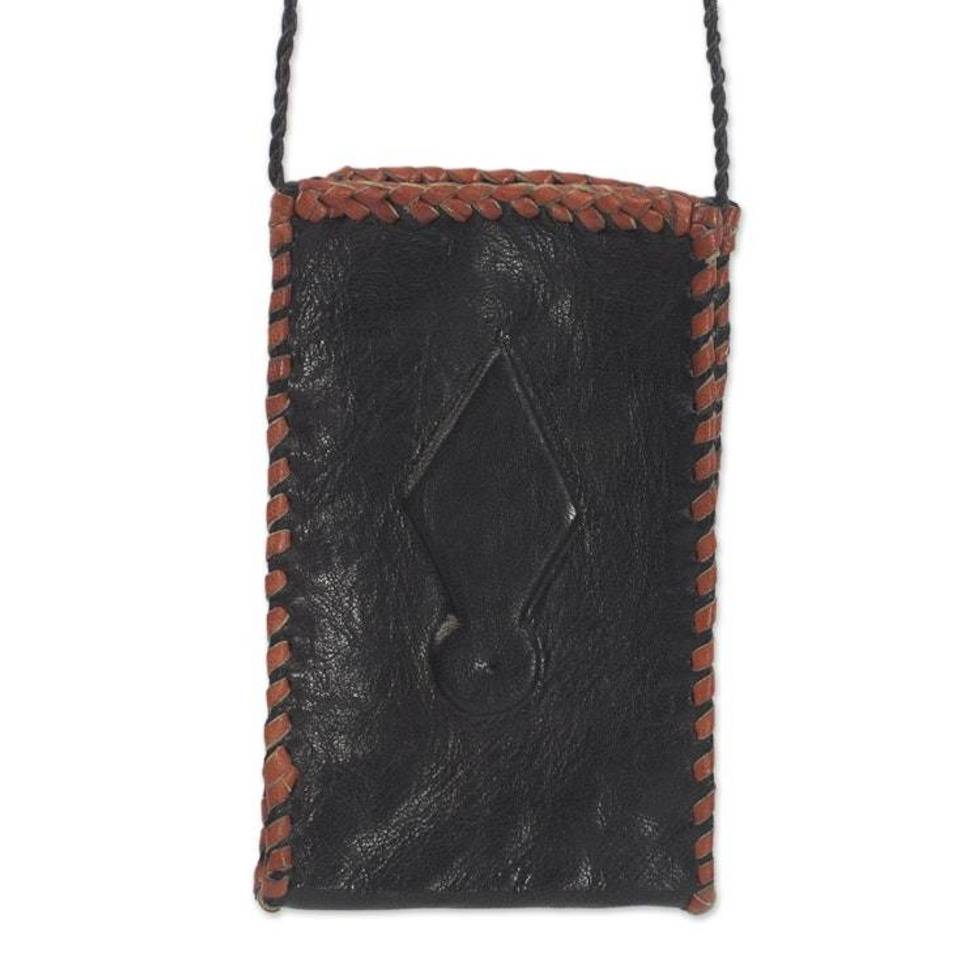 Black Leather Cell Phone Shoulder Bag from Ghana 'African Kite'