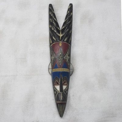 Alternate image for Handcrafted African Wood Mask from Ghana Antelope Horns