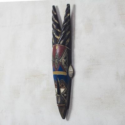 Alternate image for Handcrafted African Wood Mask from Ghana Antelope Horns