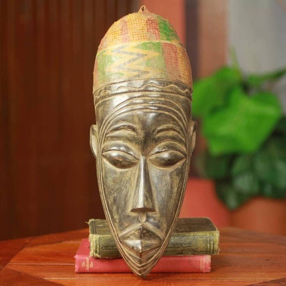 Mossi Tribe Hand Carved African Mask with Kente Cloth 'Young Mossi Man'