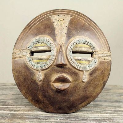 Alternate image for Hand Crafted Authentic African Beaded Wood Mask from Ghana Tears of Joy