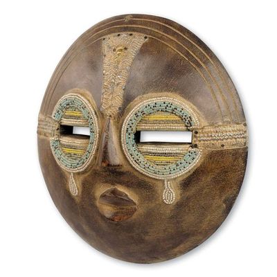 Alternate image for Hand Crafted Authentic African Beaded Wood Mask from Ghana Tears of Joy