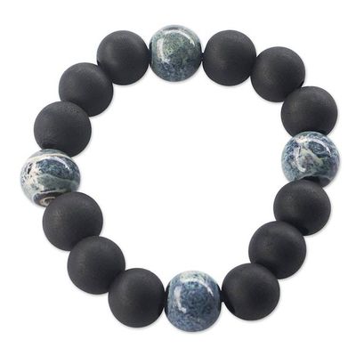 Alternate image for Recycled Glass Beaded Stretch Bracelet from Ghana Blue-Black Beauty