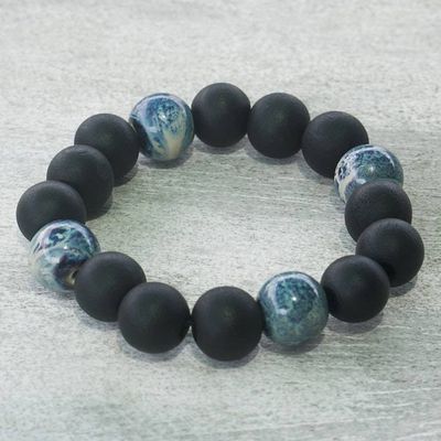 Alternate image for Recycled Glass Beaded Stretch Bracelet from Ghana Blue-Black Beauty