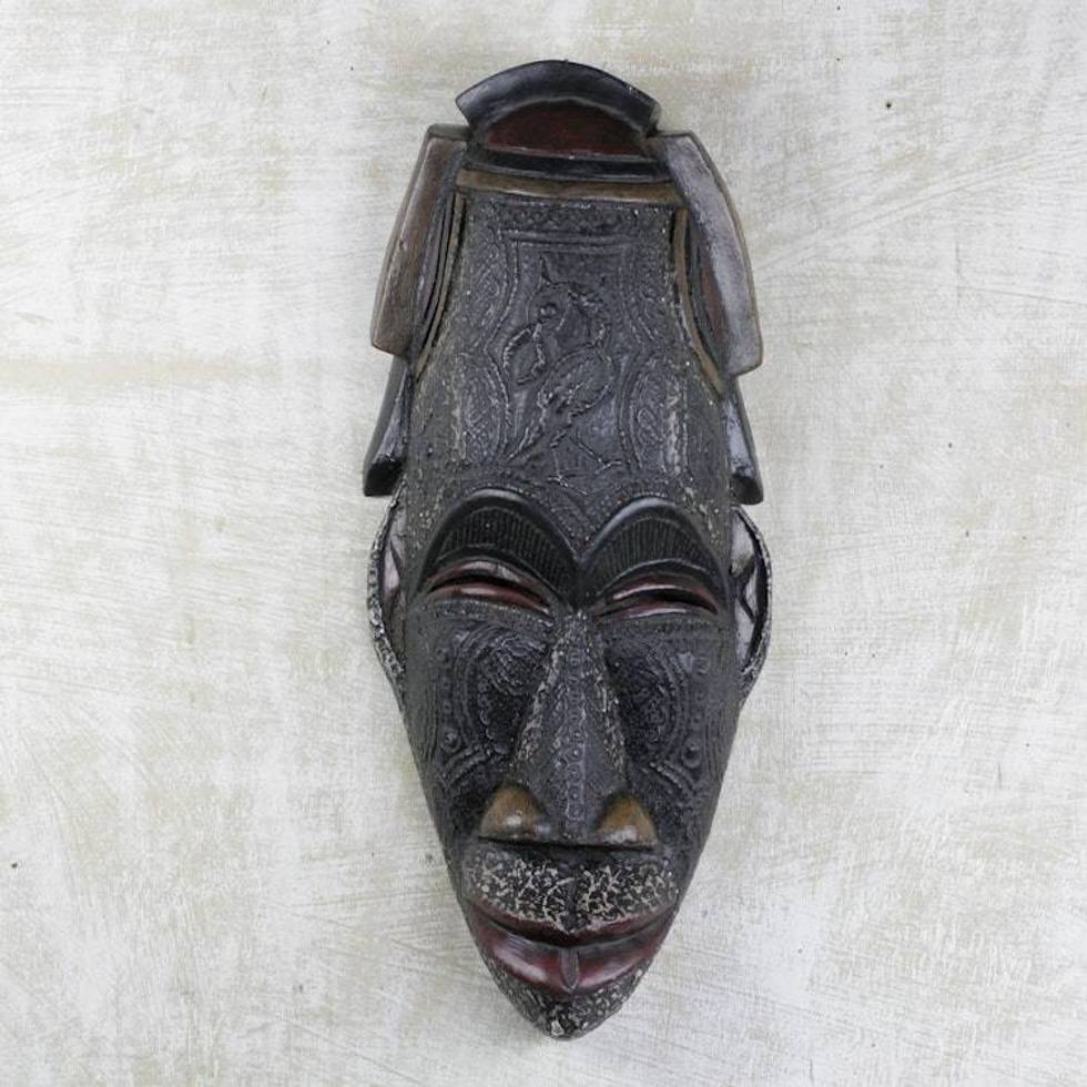 Vintage Look African Wood and Metal Wall Mask 'Peace in Our Time'