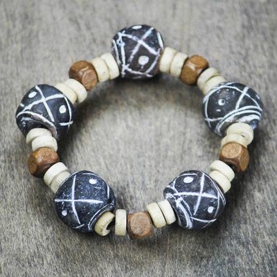 Alternate image for Terracotta and Sese Wood Beaded Stretch Bracelet from Ghana Dreams at Dusk